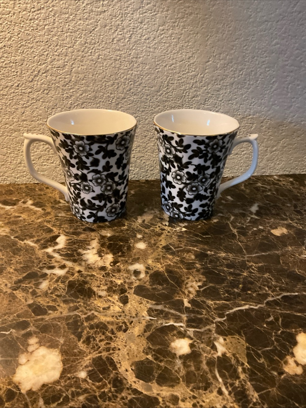 Black & White Floral Ceramic Mugs - Set of 2